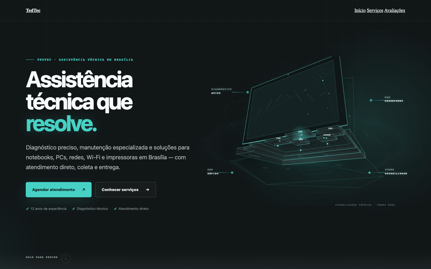 Hero final do site TED TEC com notebook em visualização técnica